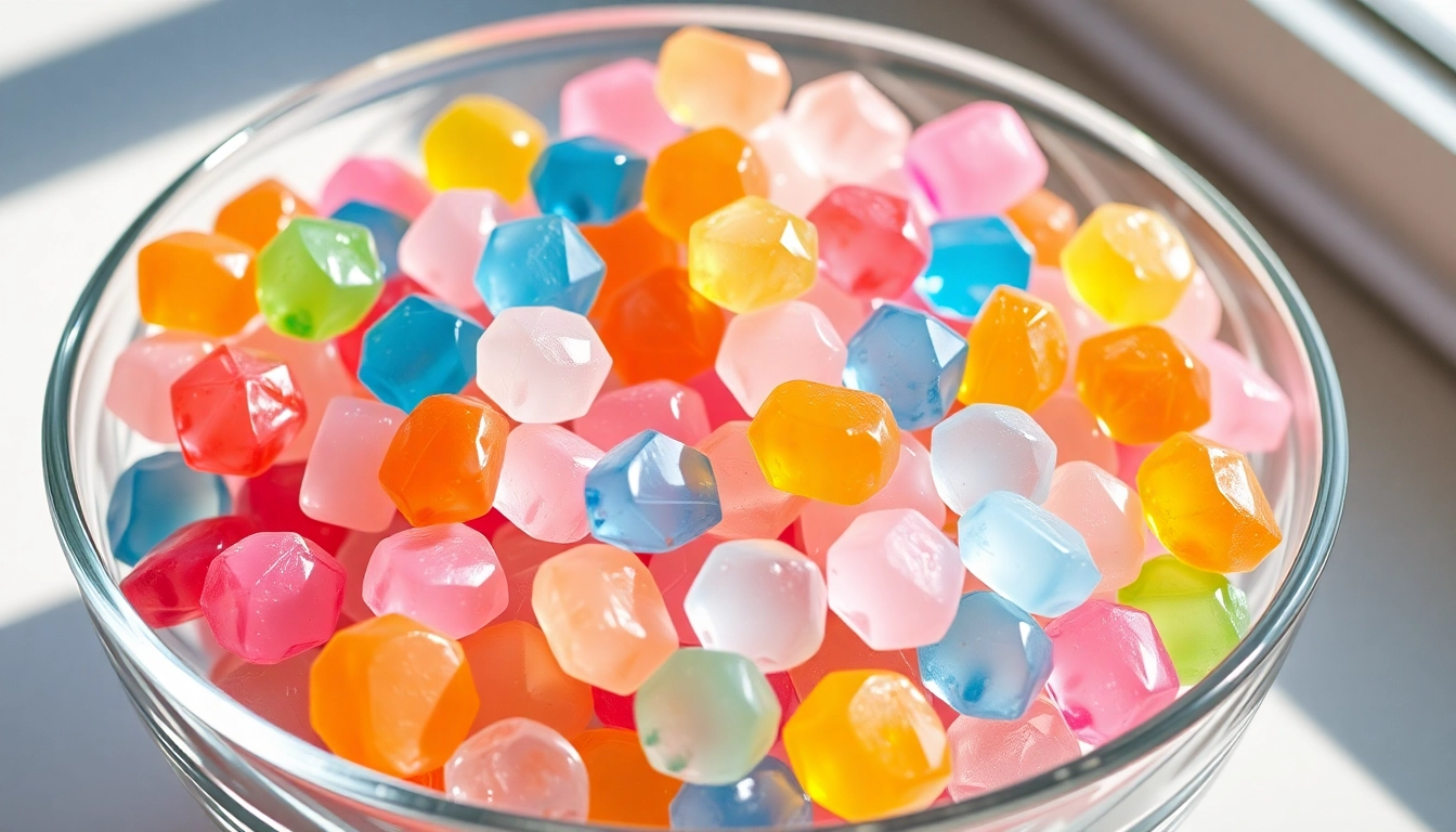 Showcasing colorful crystal candy in a clear bowl, highlighting its unique shapes and textures.