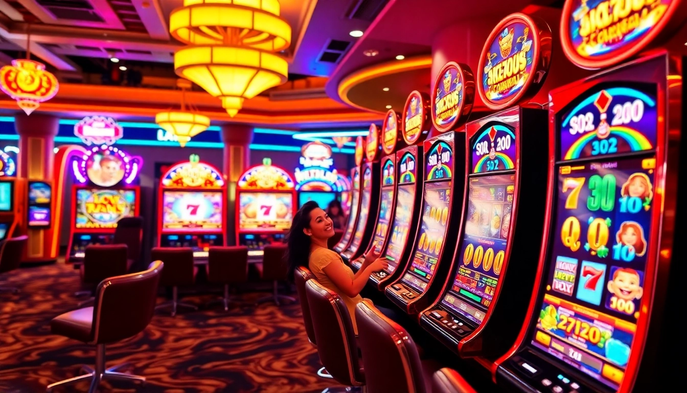 Play interactive slot online machines in an engaging and colorful casino setting, showcasing excitement and entertainment.