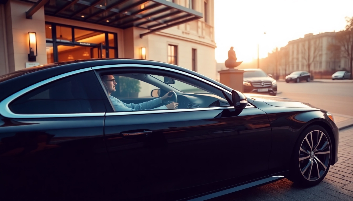 Professional driver hire Dublin, a driver stands beside a luxury vehicle at a hotel entrance, ready to assist guests.