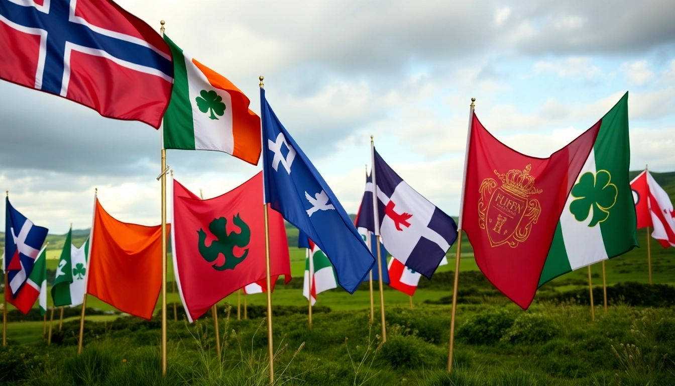 Create custom flags Ireland with unique designs in a scenic Irish landscape, showcasing vibrant colors.