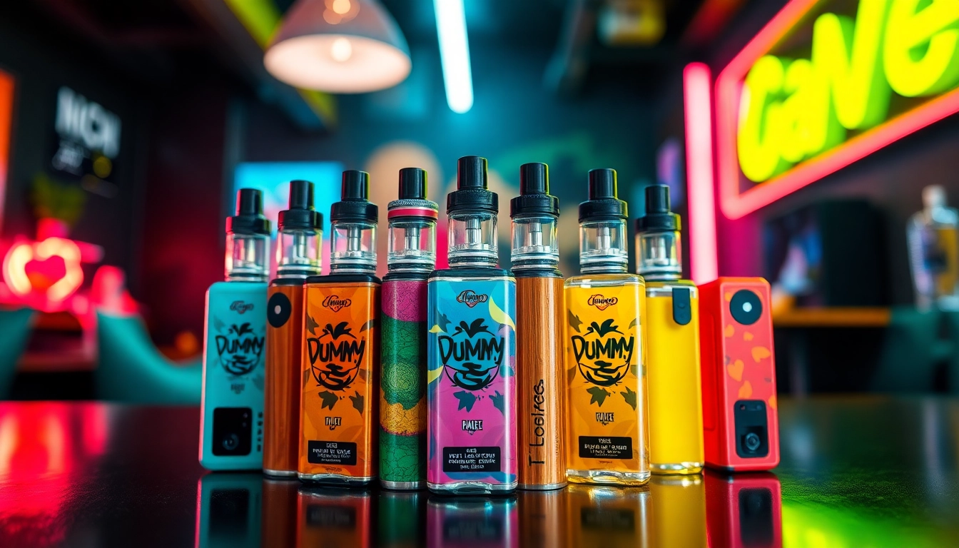 Explore a collection of Dummy Vapes showcasing vibrant colors and unique flavors in a trendy setting.