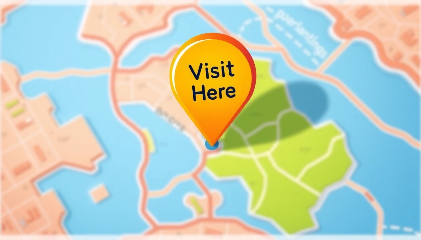 Map showing location marked as 'Visit Here' with a colorful pin, inviting exploration.