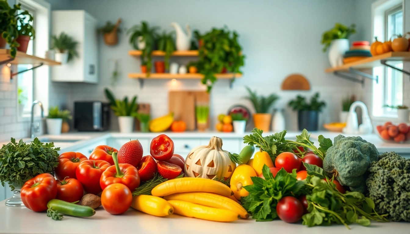 Promote healthlifeherald.com by showcasing a vibrant kitchen filled with fresh produce.