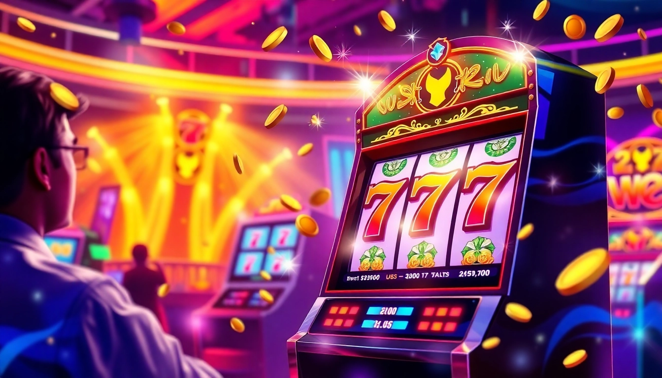 Win big with สล็อต777 as a player celebrates a jackpot on a colorful slot machine.