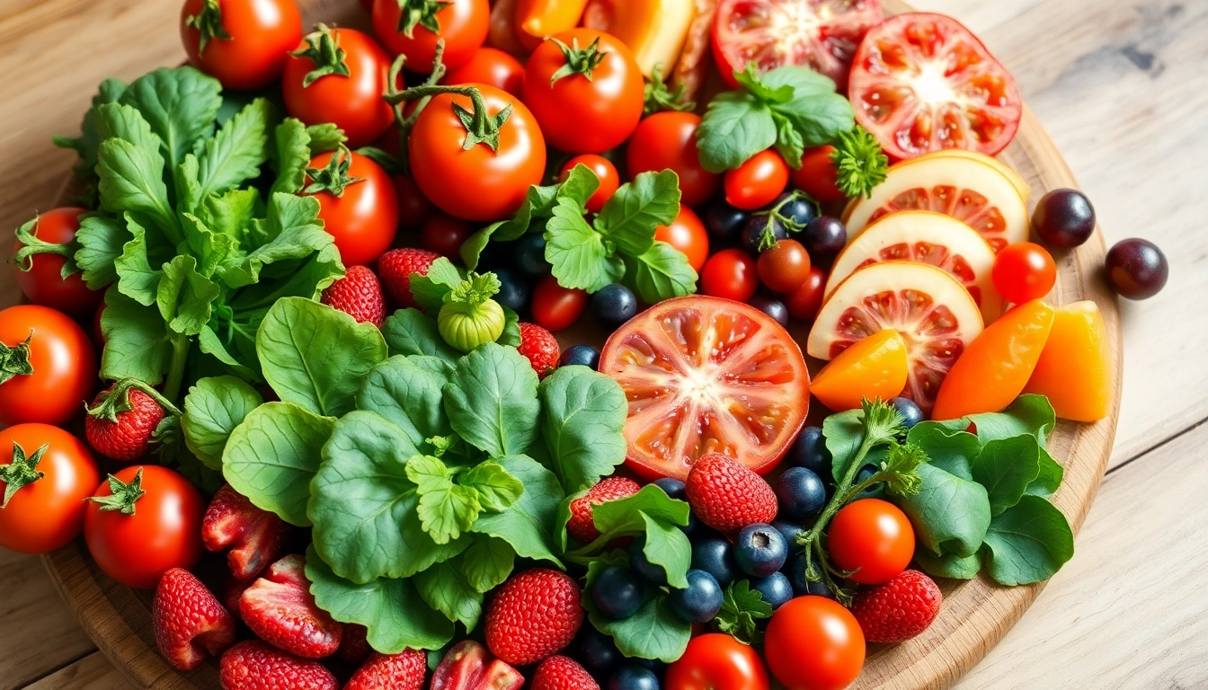 Showcase a variety of antiinflammatory foods including tomatoes, berries, and leafy greens arranged on a wooden table.