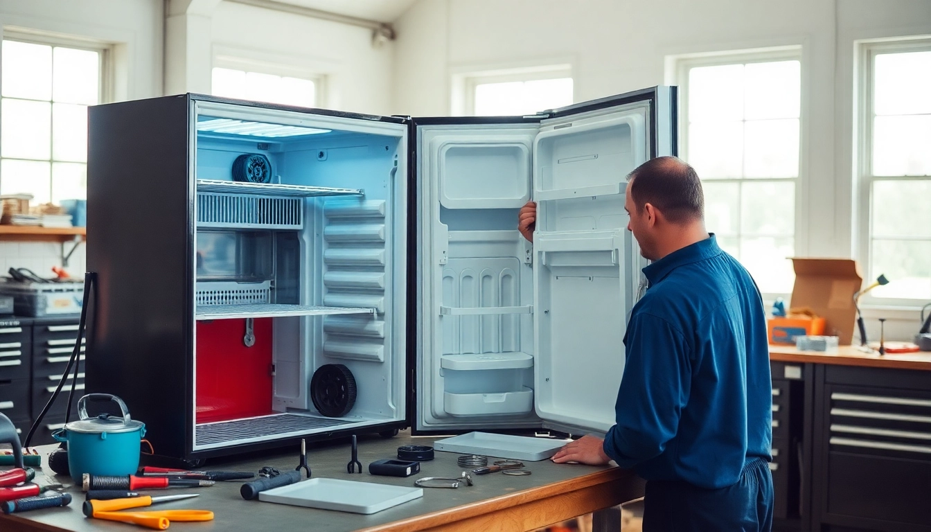 Technician performing beverage cooler repair by examining an open cooler with tools in a well-lit workspace.