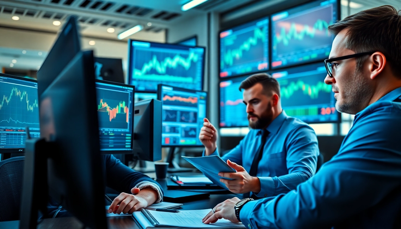 Traders actively analyzing trade futures data on multiple screens in a modern office.