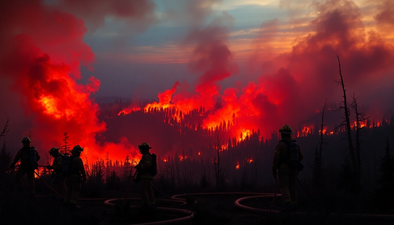 Firefighters battling wildfire events in a dramatic landscape showing flames and smoke.