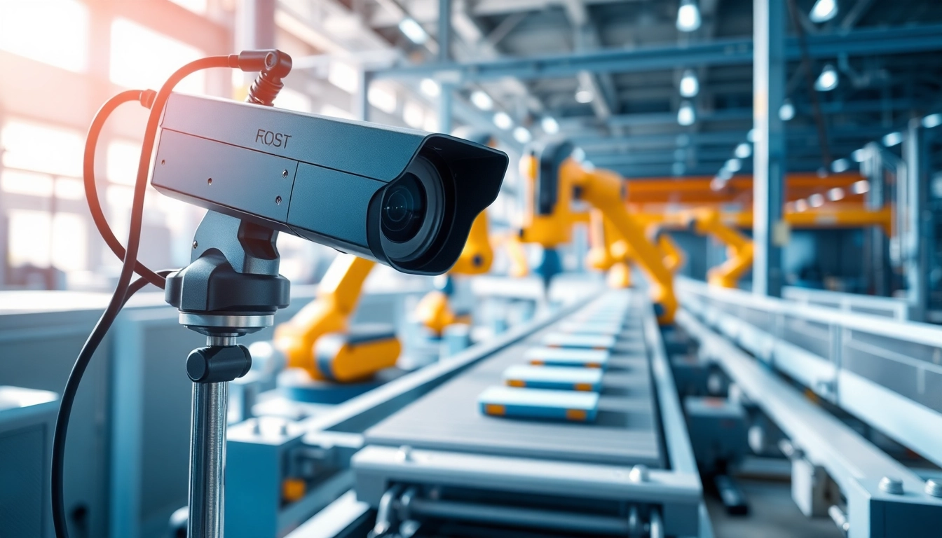 Machine vision technology automating industrial inspection with robotic cameras focusing on products.
