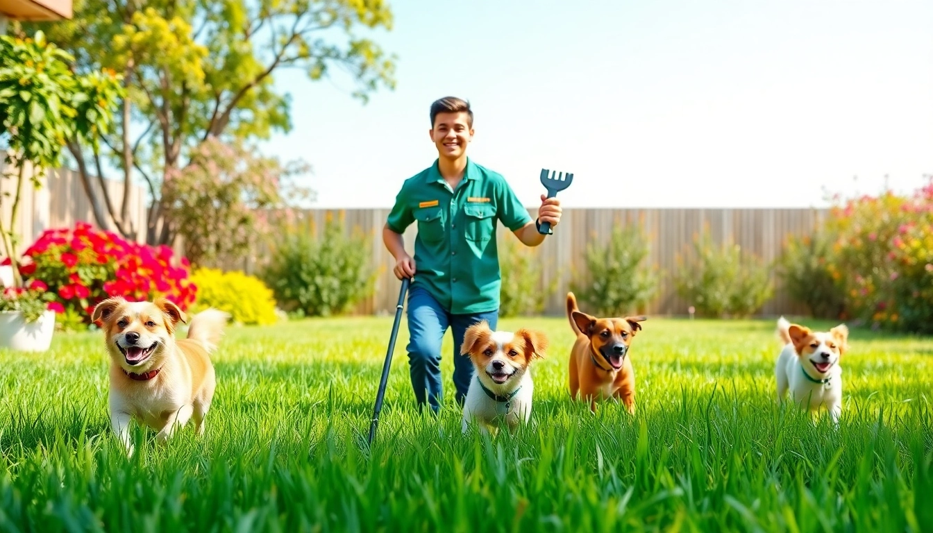 Weekly dog poop scooping service in a sunny backyard with happy dogs and a smiling technician.