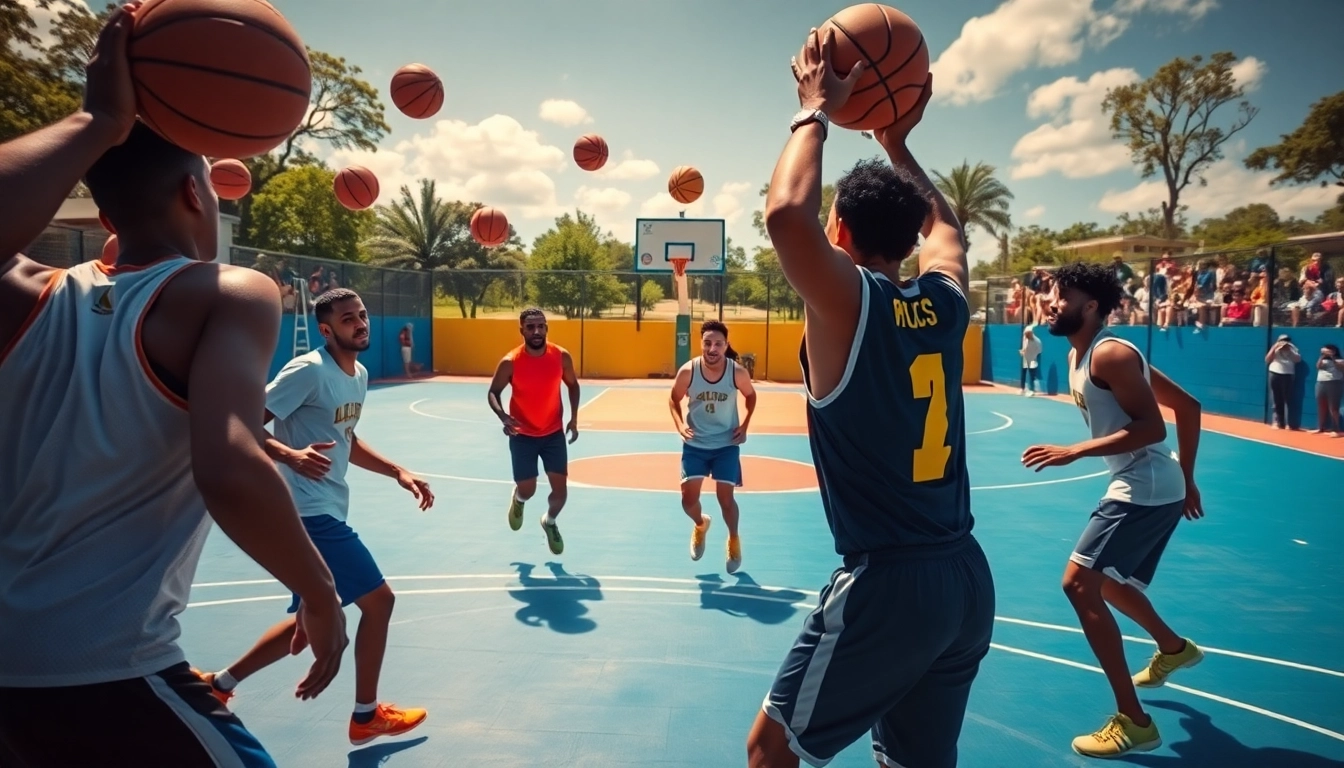 Engaging scene of the Takeover Basketball Academy with athletes training energetically on a sunny court.
