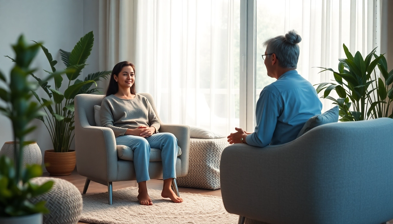 Practicing relaxation techniques for dealing with anxiety in a calming therapy session.