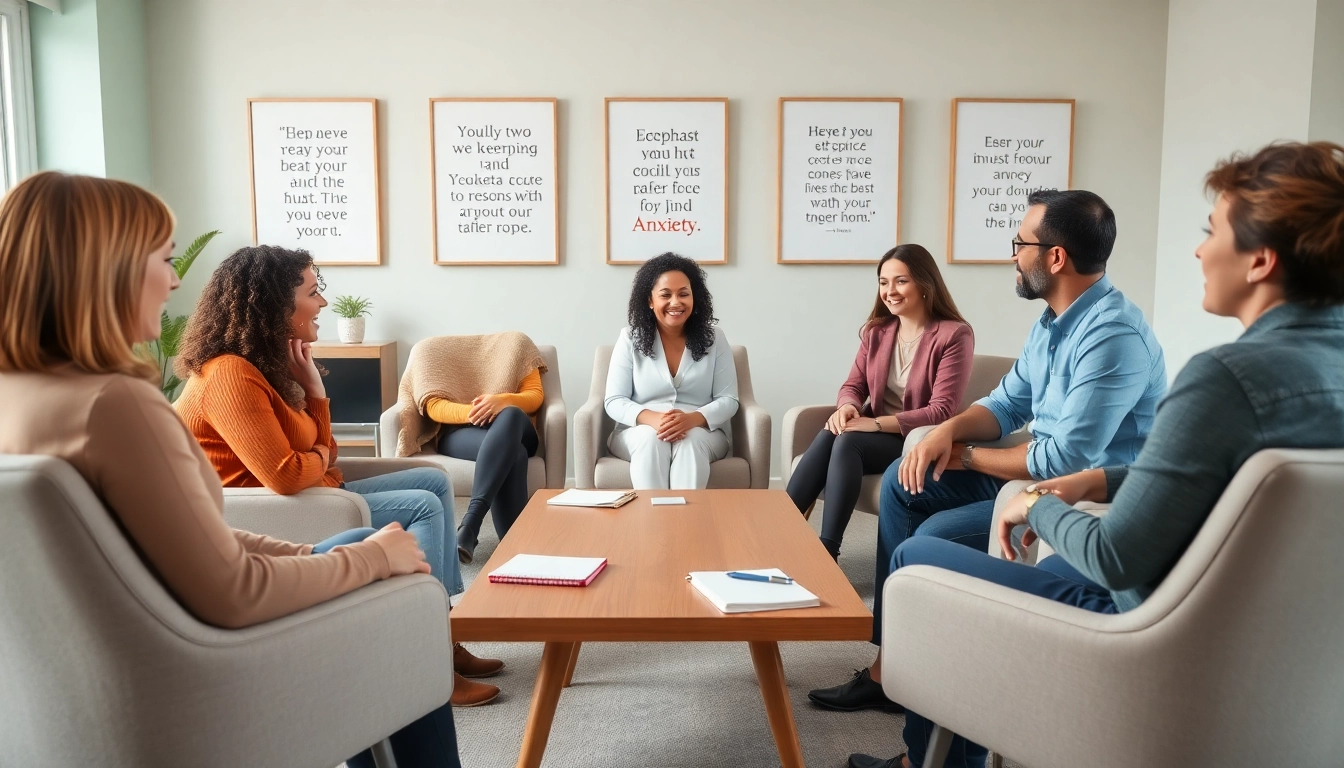 Support group discussing methods for dealing with anxiety in a calming therapy setting.