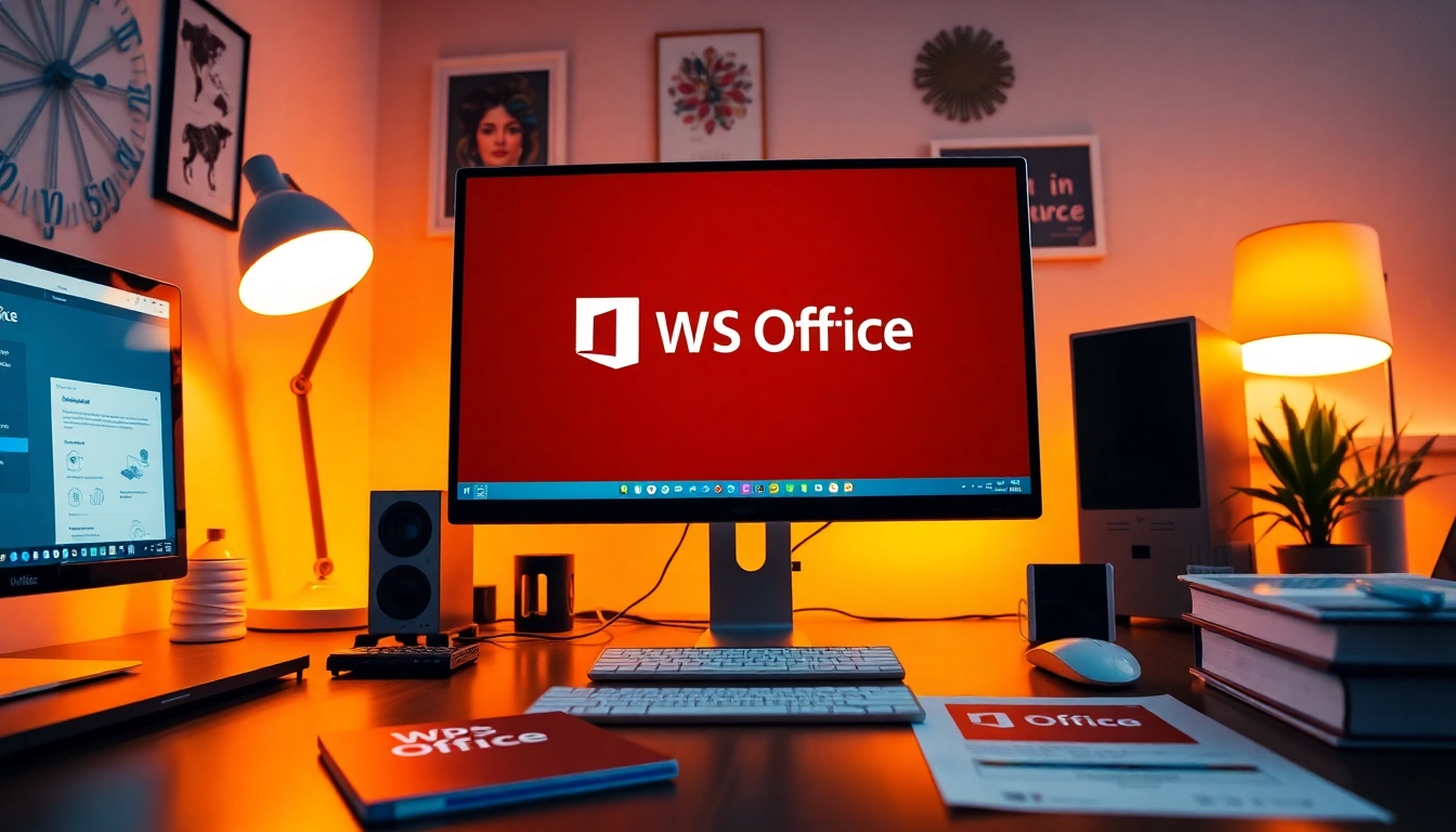 Download WPS Office on a modern desktop setup with vibrant colors and productivity elements.