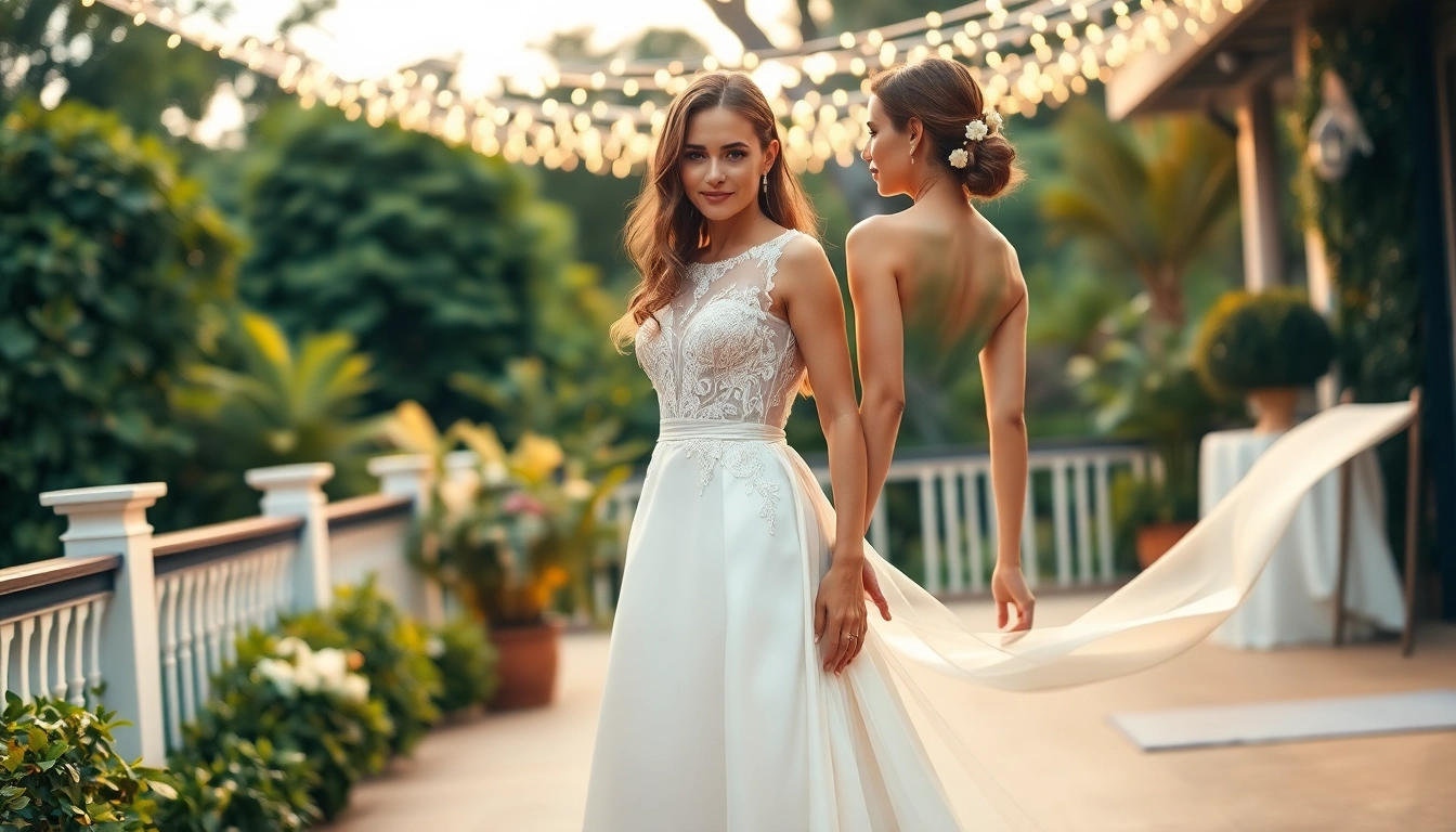 Admire exquisite Reception Wedding Dresses with intricate lace details worn by a stunning bride in a magical outdoor setting.