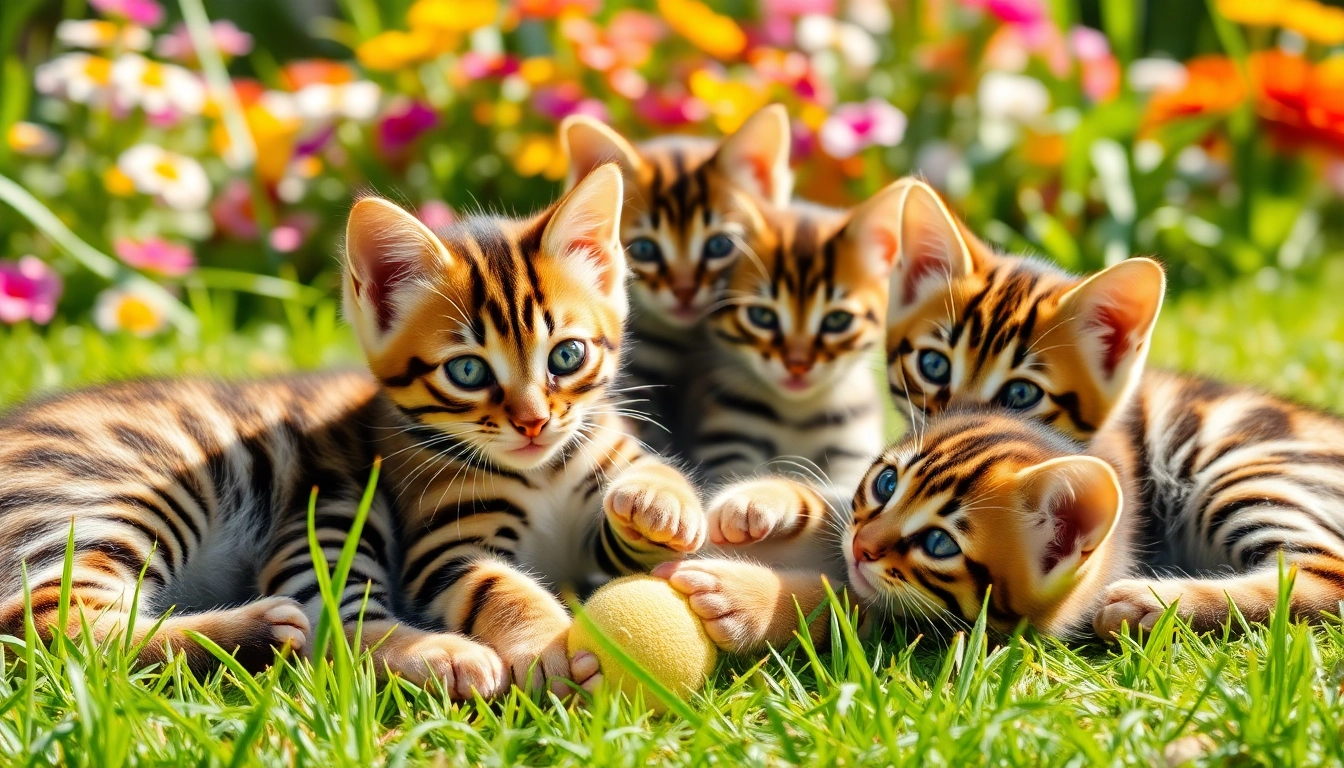 Bengal Breeders Orange County showcasing playful kittens in a vibrant garden.