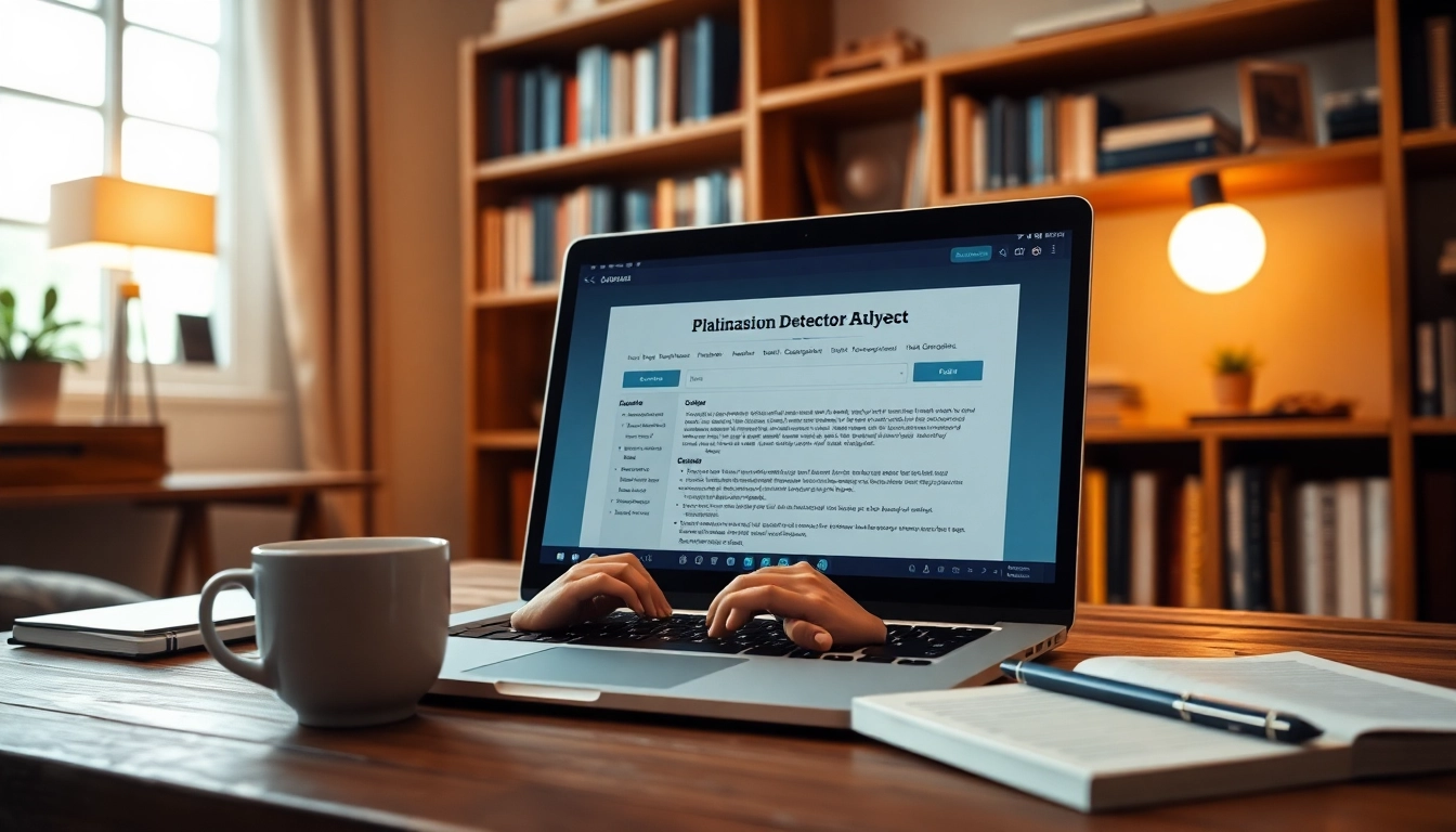 Using a plagiarism detector tool on a laptop to check document originality in a cozy study.