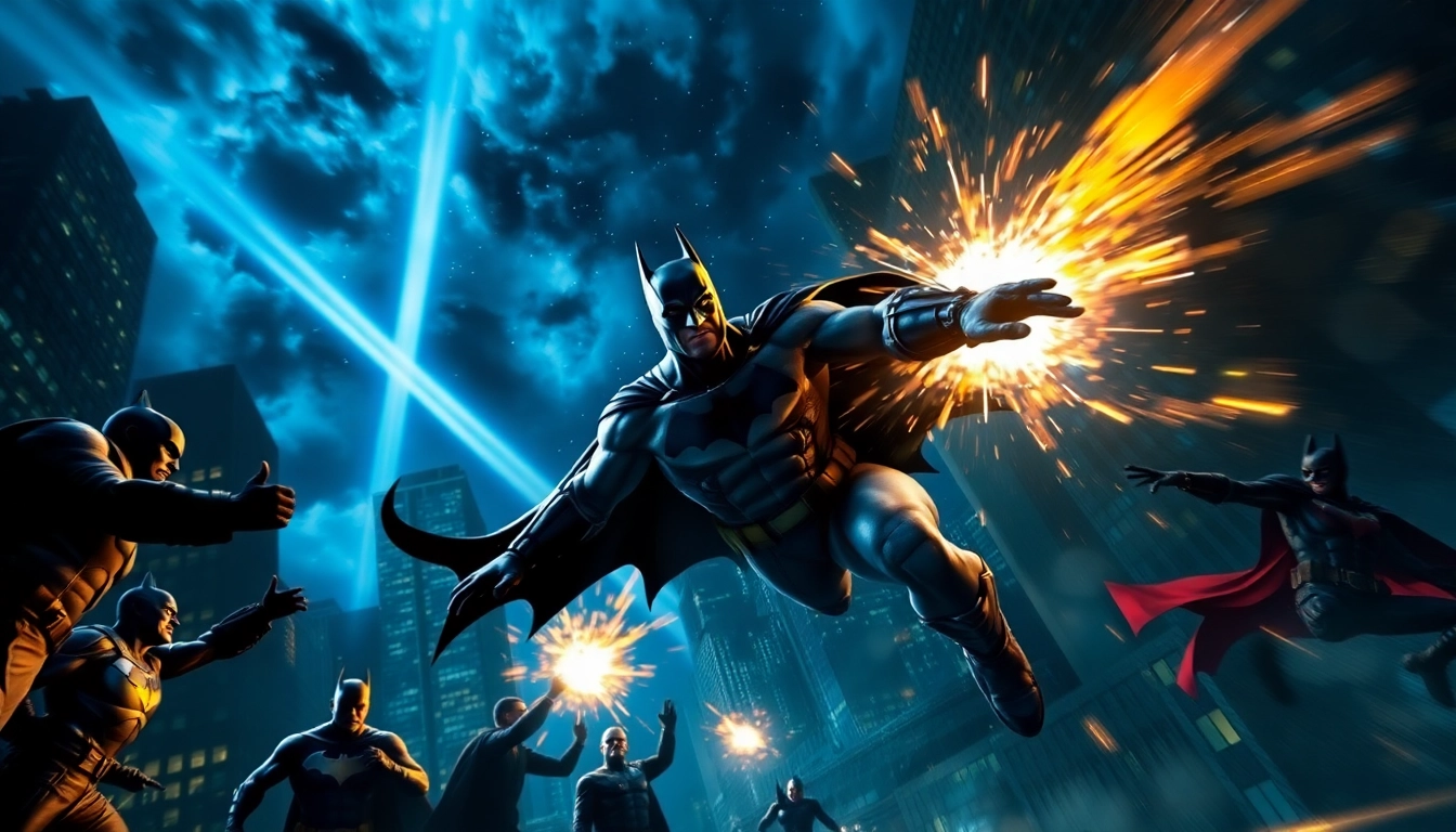 Gambaran dari game batman138 dengan Batman beraksi menghadapi penjahat dalam suasana kota Gotham.