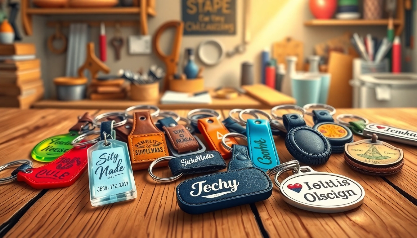 Customize and showcase vibrant personalized keychains with unique designs displayed on a rustic wooden table.