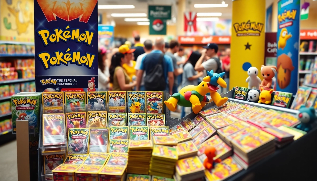 Buy real pokemon cards india featuring colorful, authentic Pokémon cards in an engaging retail display.
