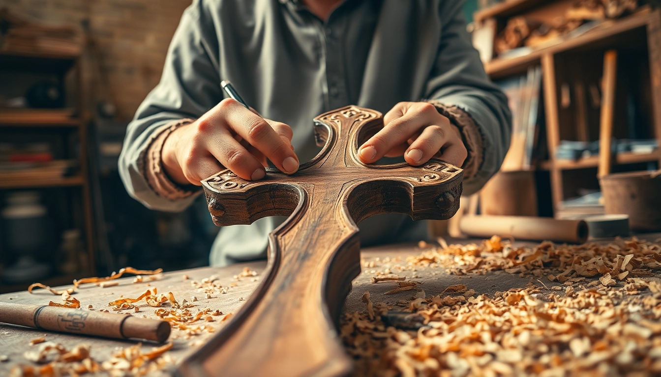Crafting a unique handmade crosses showcasing intricate woodwork details in a serene studio.