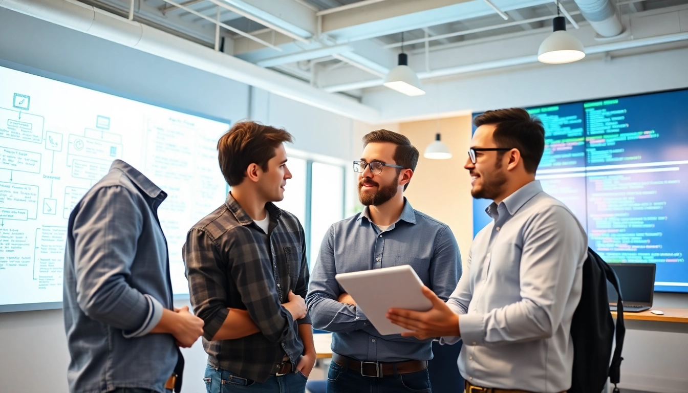 Software Development team collaborating dynamically in a modern office setting.