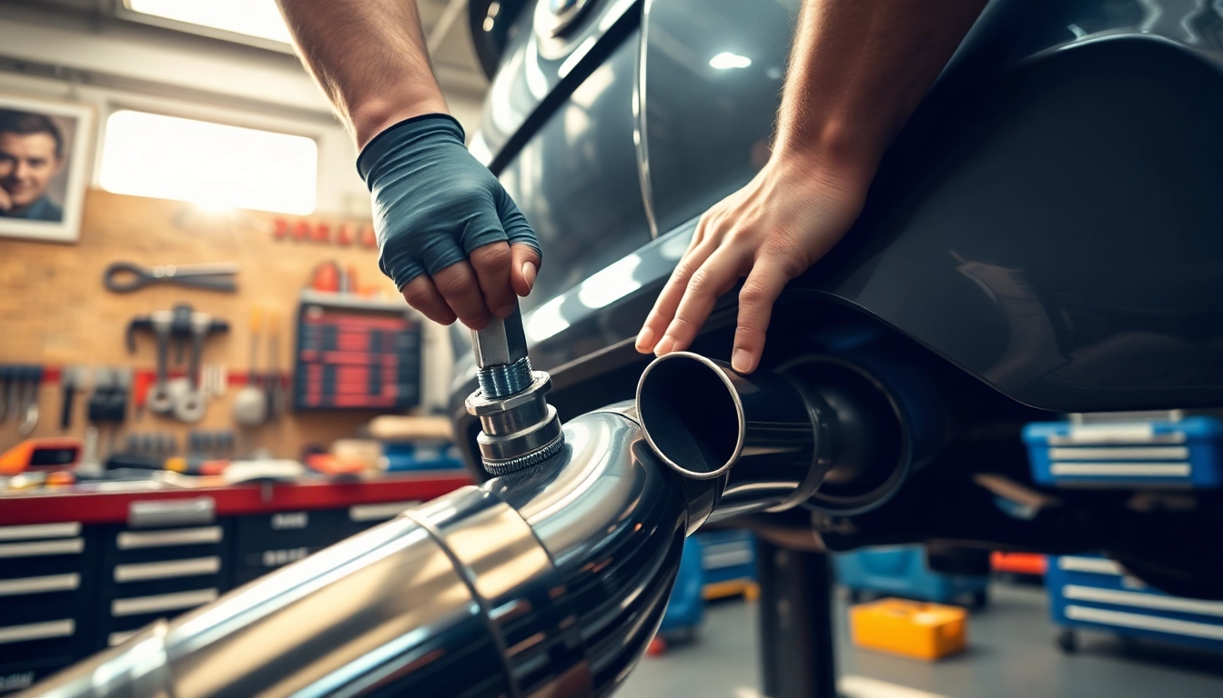 Mechanic installing b58 downpipes in an automotive workshop, showcasing precision and expertise.