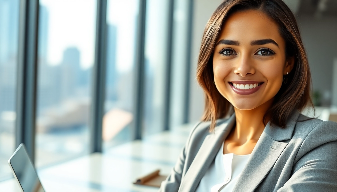 Capture of Denver Headshots showcasing a confident businesswoman in a modern office background.