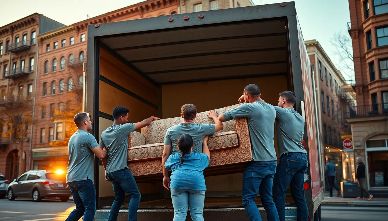 Brooklyn movers handling furniture expertly during a move in an iconic urban setting.