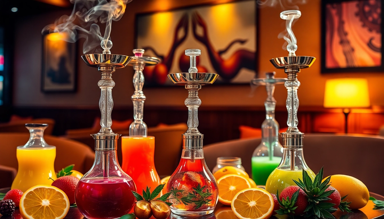 Experience diverse shisha hookah flavors in a lively lounge with vibrant colors and smoke.
