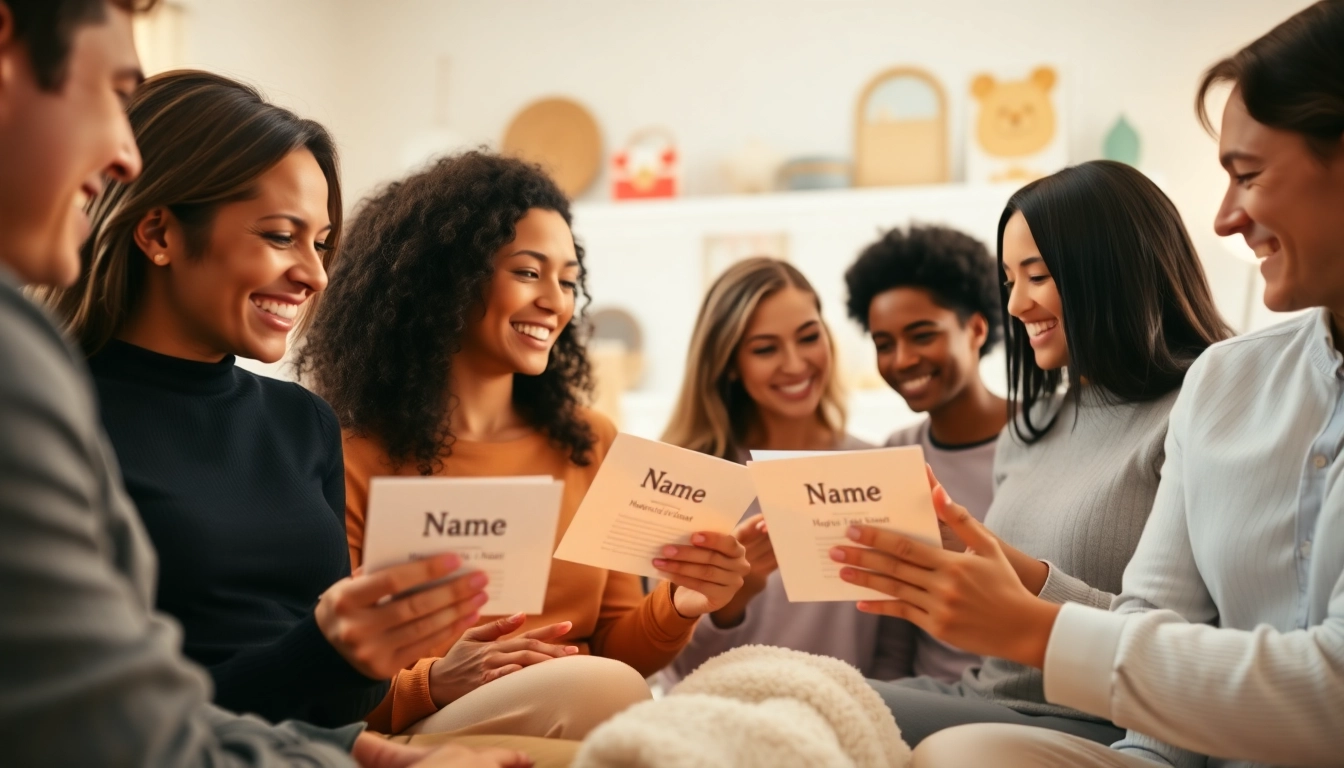 Explora sugerencias de Nombres para Niño mientras los padres comparten ideas en un ambiente acogedor.