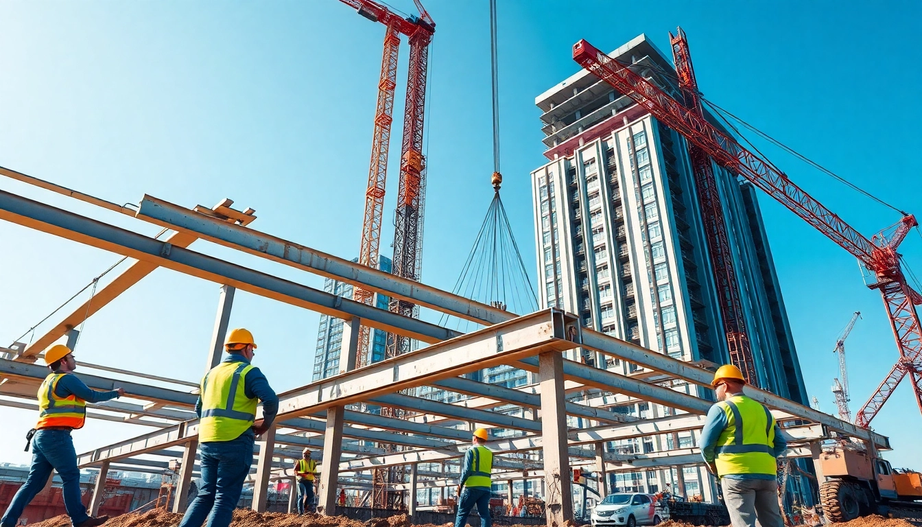Workers engaged in structural steel installation with cranes on a building site, showcasing teamwork.