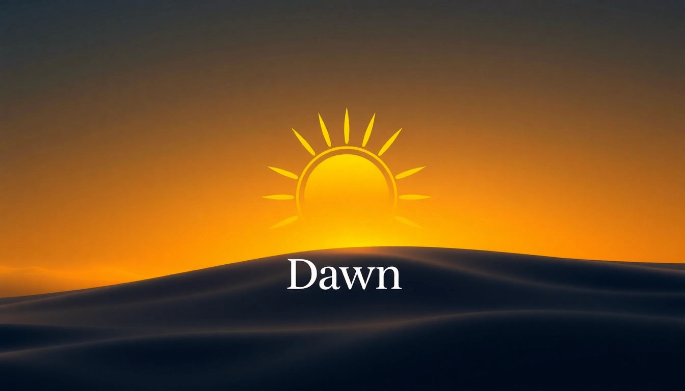 Create a visually appealing dawn logo with a golden sunrise and modern typography.