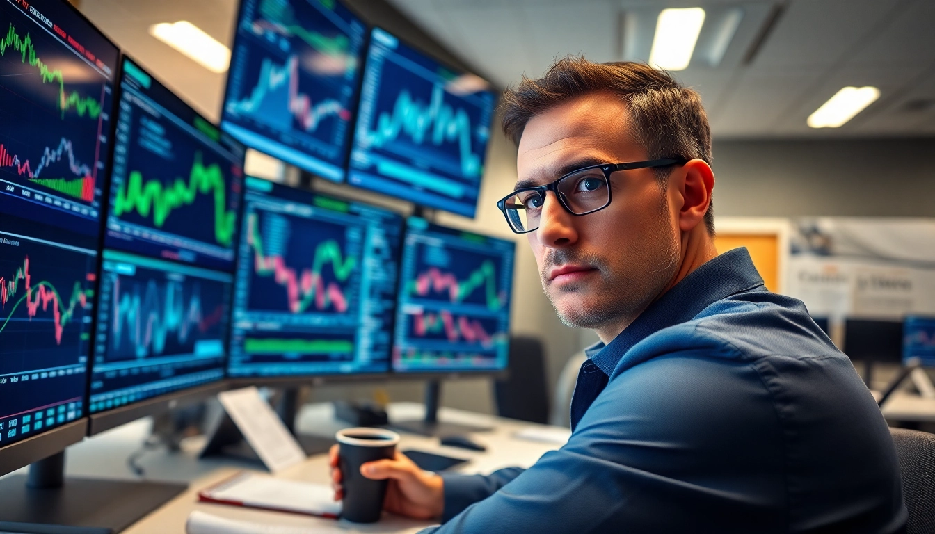 Trader examining trading strategies on multiple screens in a modern office setting.