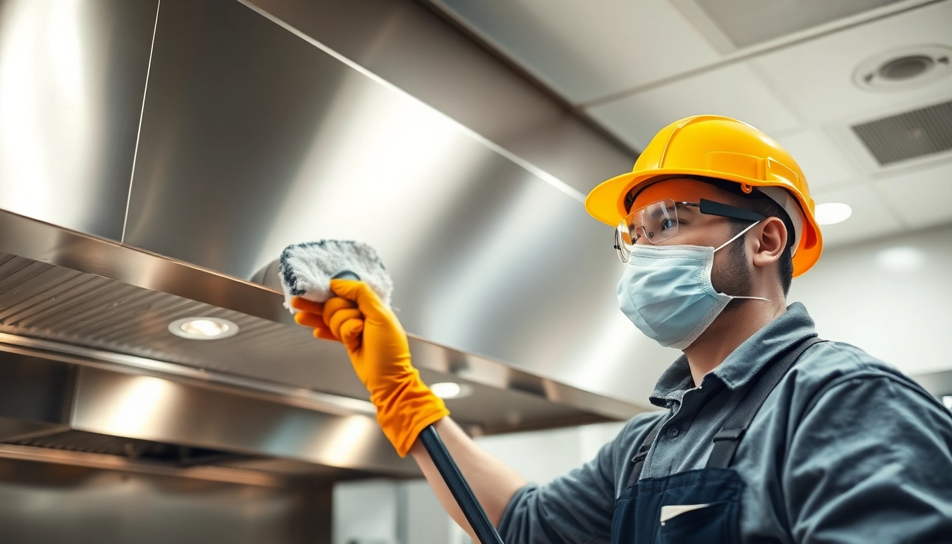 Exhaust Hood Cleaning service in action by a professional cleaning worker in a commercial kitchen