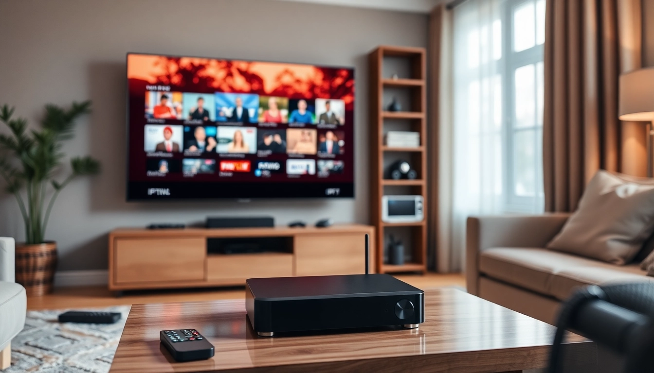 Comprar IPTV en una configuración moderna con un televisor y dispositivos elegantes.