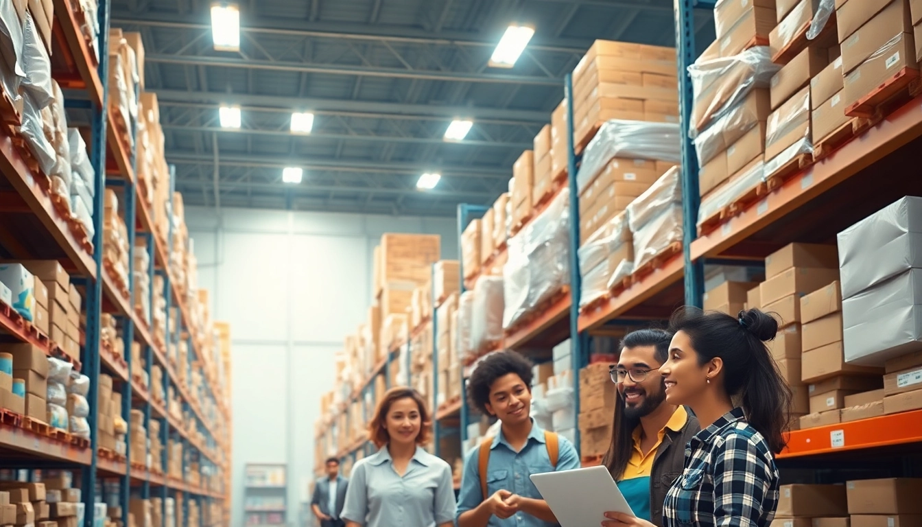 Visual of diverse sellers engaging with products in an fba wholesale warehouse