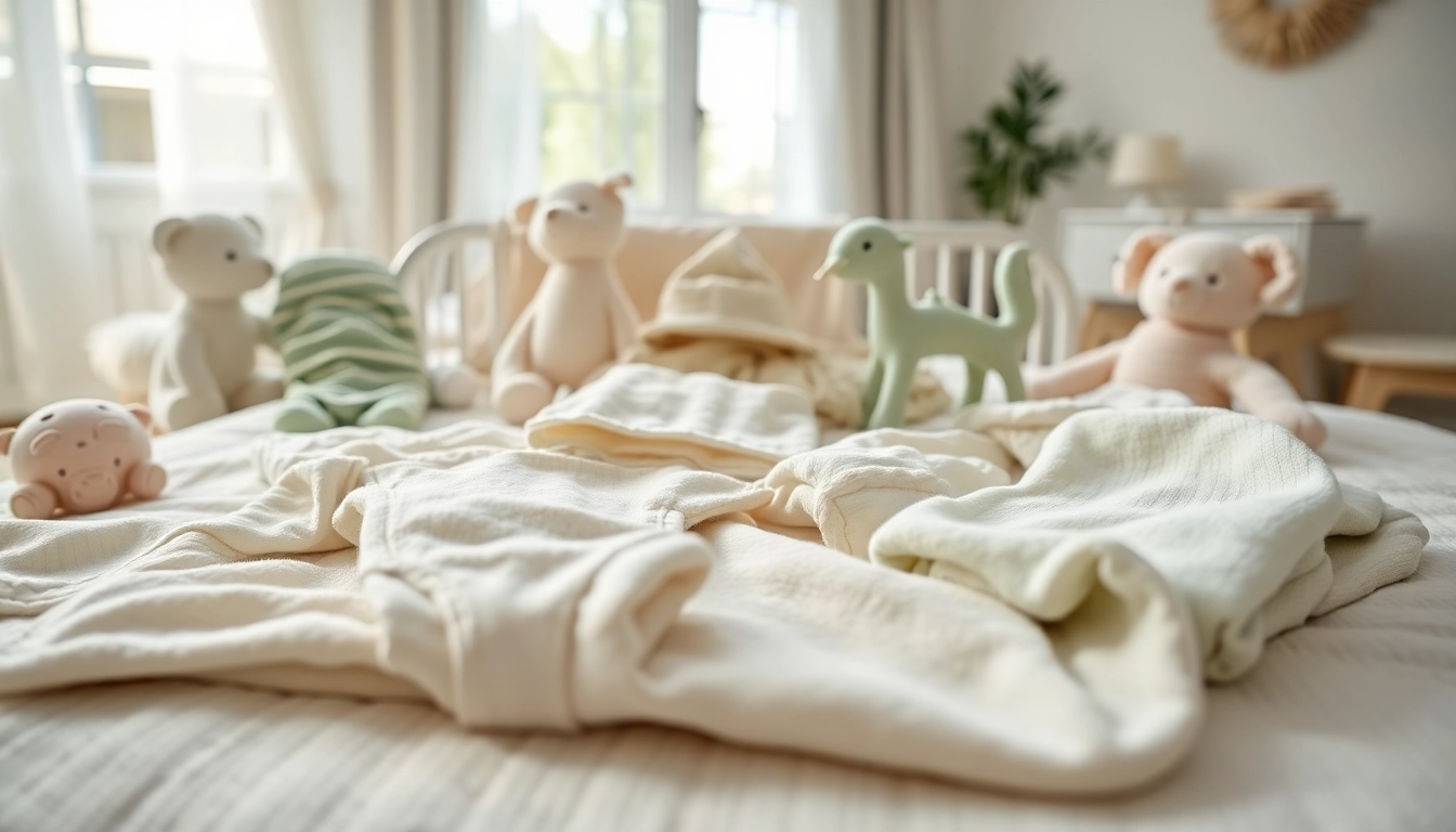 Showcase newborn bamboo clothes featuring soft fabrics and pastel colors on a nursery blanket.