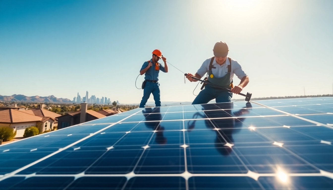Solar panel cleaning near me Phoenix with technicians efficiently cleaning solar panels on a sunny day.