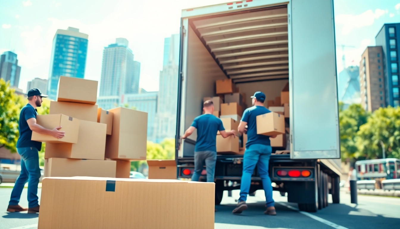 Affordable and reliable cheap movers loading boxes into a truck in a vibrant urban setting