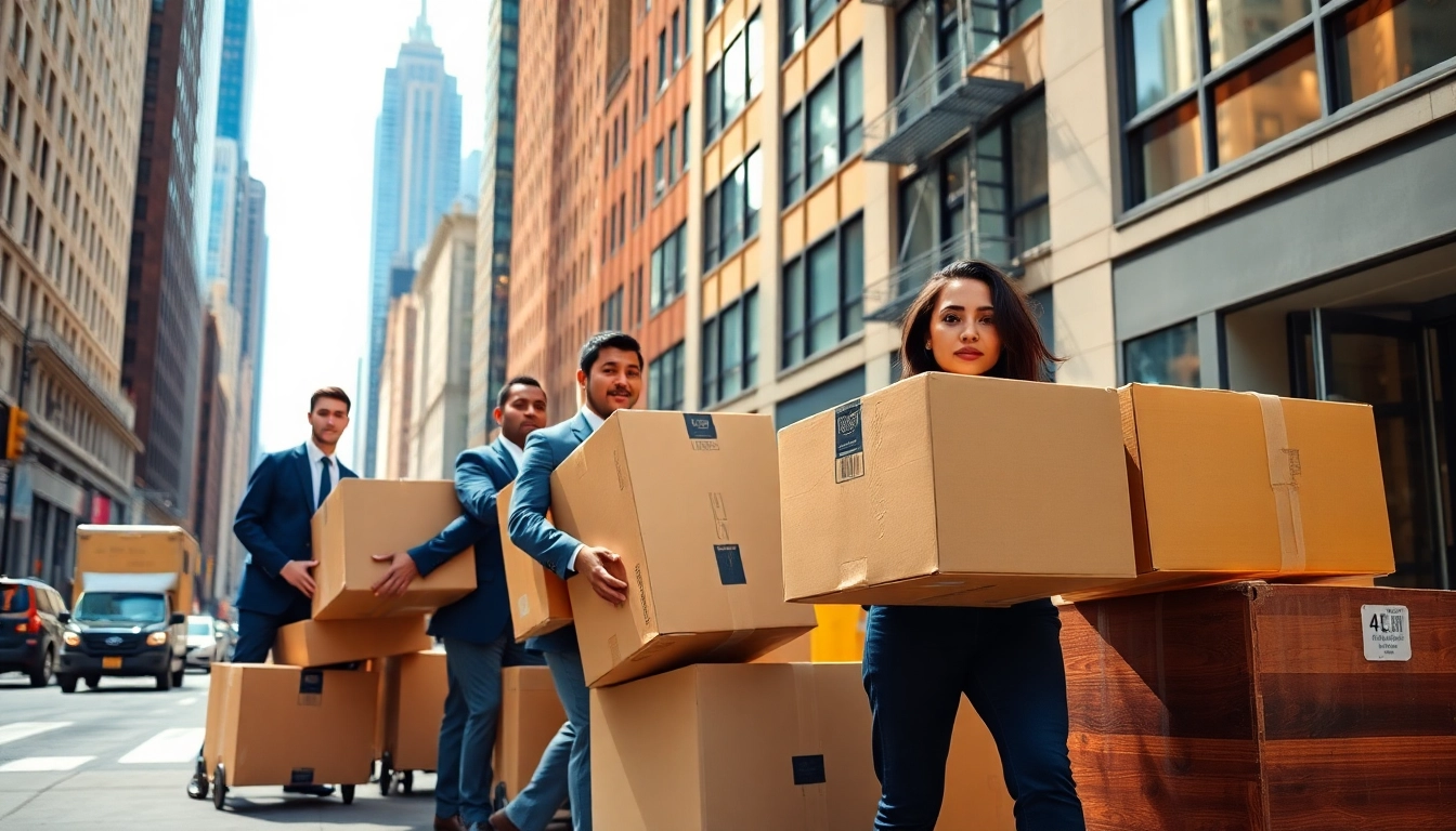 Movers transporting items in a busy urban environment, representing Moving company nyc services.