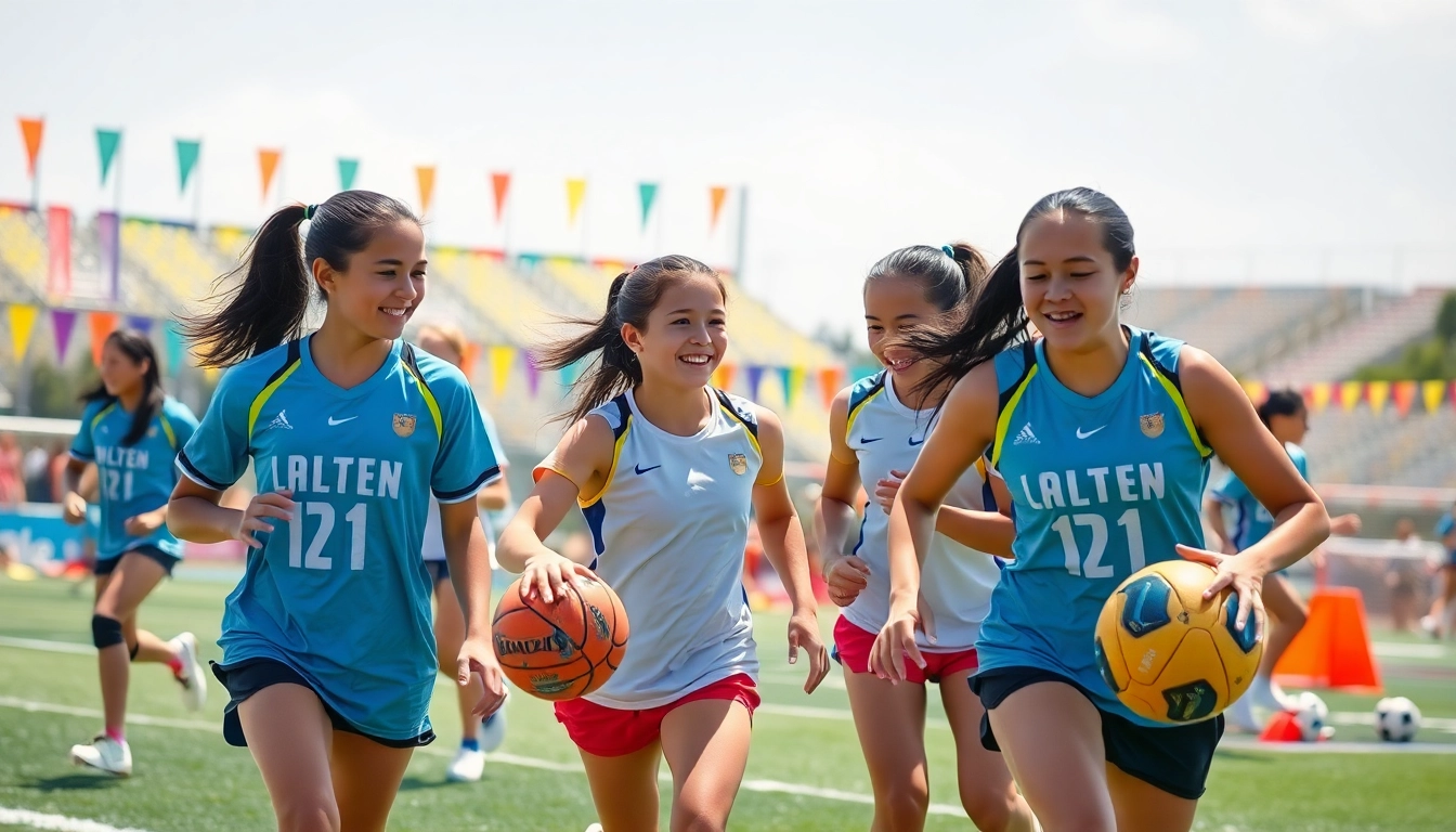 Girls enjoying activities at Multi Sports Camps for Girls, showcasing teamwork and energy in a lively outdoor setting.