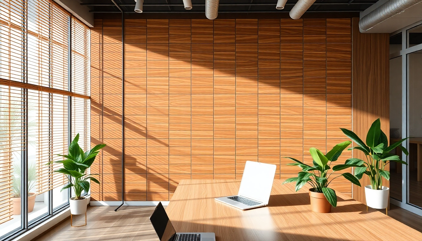 View of acoustic slat wood wall panels enhancing a modern office environment with natural lighting.