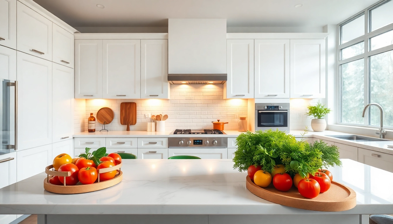 Stylish contemporary white kitchen cabinets brightening an elegant kitchen setting.