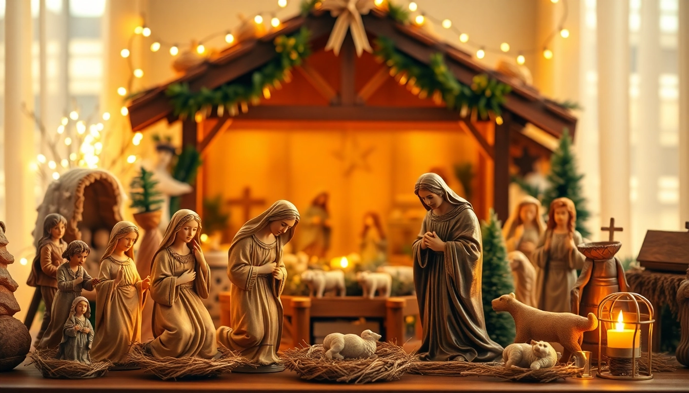 Display Nativity sets in a warm festive setting, highlighting intricate details and holiday spirit.