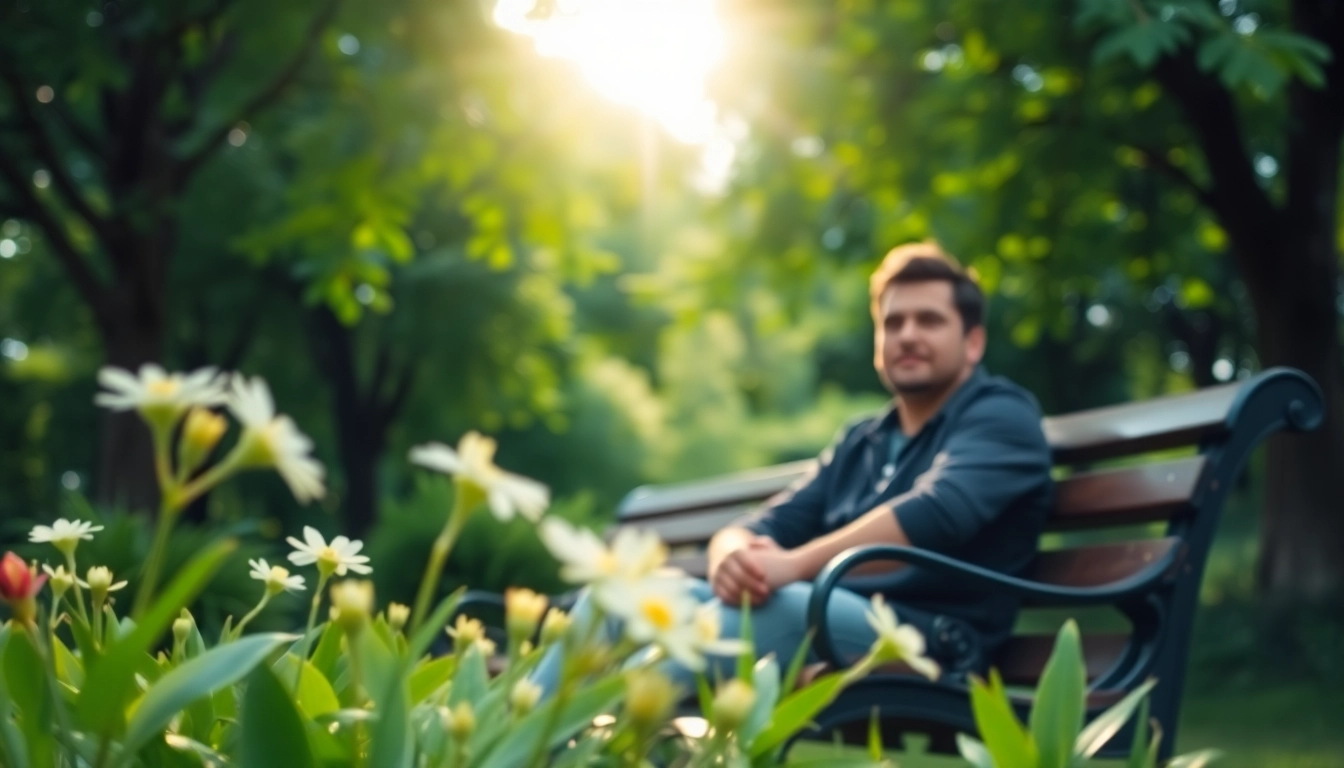Person dealing with depression seated in a lush park, looking thoughtful and peaceful.